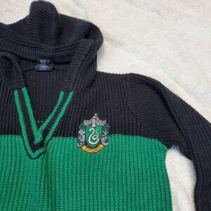 Harry Potter Slytherin Black Green Knit Logo Magical Hogwarts‎ Hooded Sweater M